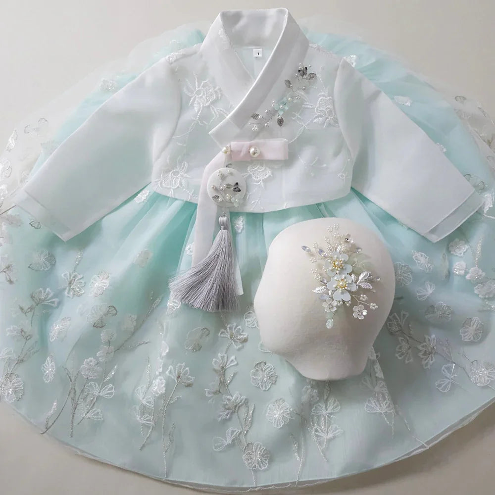 Elegant Hanbok Dress for Girls | Sam Lace Modern Hanbok 8 / Sky Elegant Hanbok Dress for Girls | Sam Lace Modern Hanbok 8 / Sky