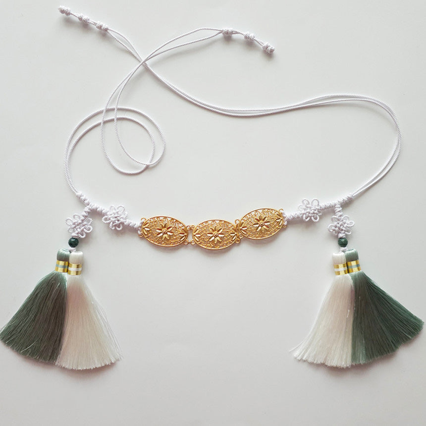 Double Tassel Belt with Floral Metal