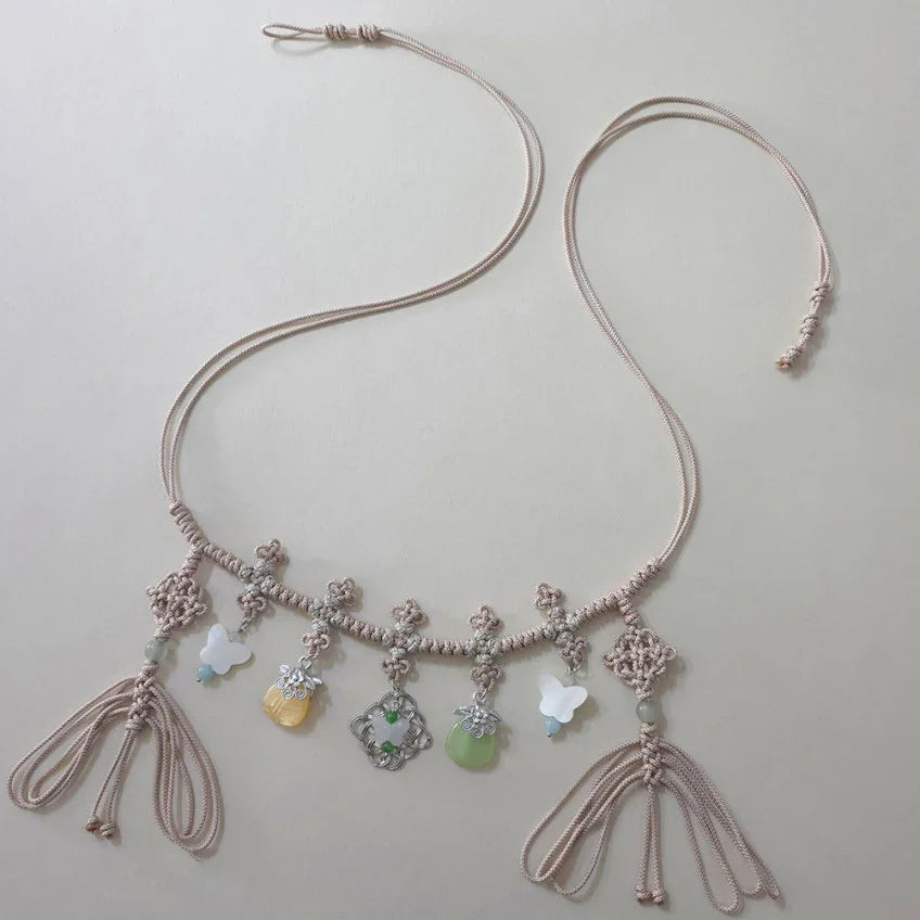 Native Korean Charm Knotted Dol Belt featuring traditional Norigae-style tassels and charms