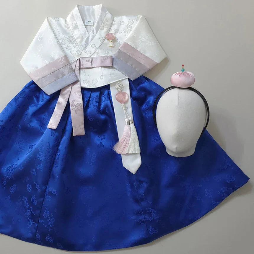 Native Korean Yunjae Sky Blue Girl Hanbok with Norigae and Jokduri