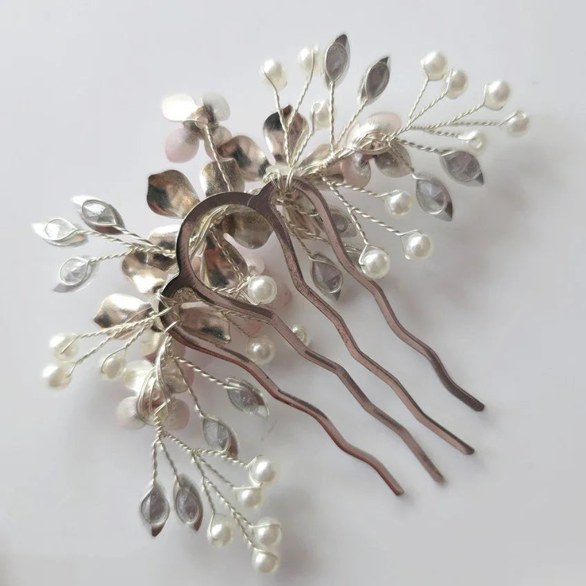 Botanical Native Korean hair comb with silver leaves and pearls