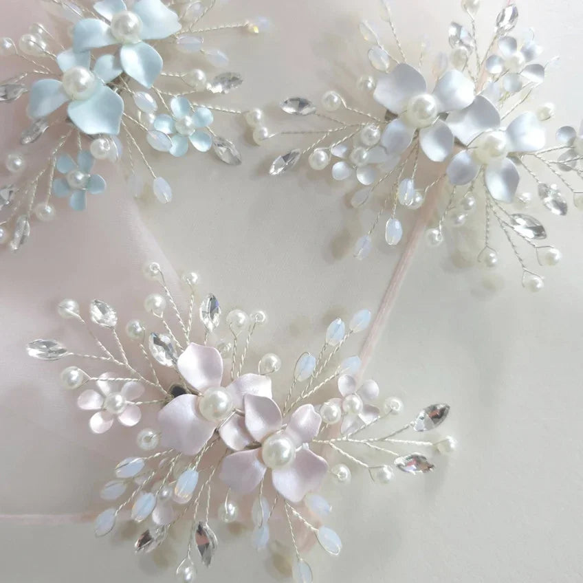 Three Native Korean Botanical Hanbok Hairpins with pearls and crystals in light blue and pink.
