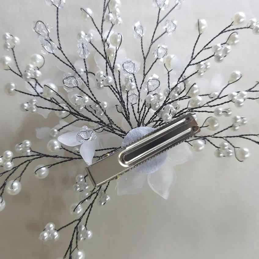 Back view of a Native Korean Spring Blossom Hanbok hairpin with white beads and crystals.