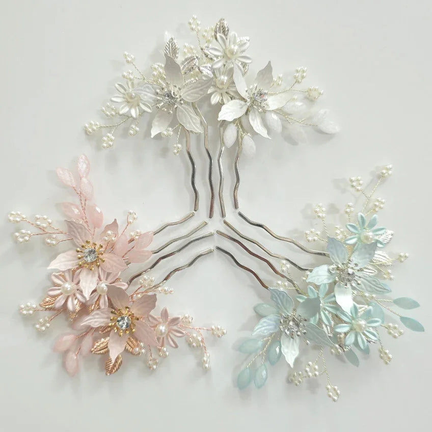 Three Native Korean Petal Bloom Hanbok hair combs in white, pink, and light blue floral designs.