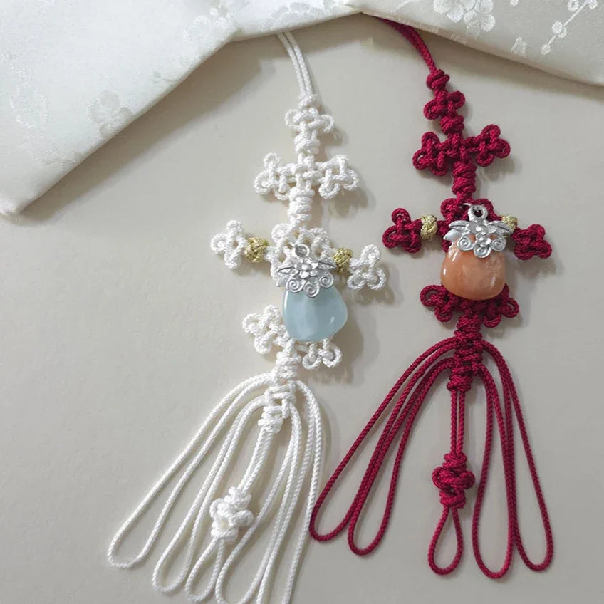 White and red Native Korean knotted Norigae with gemstone charms