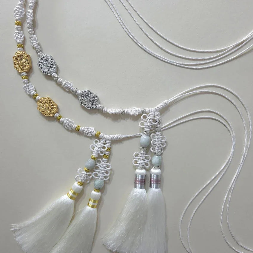 White Native Korean Norigae tassel belt with gold and silver ornaments