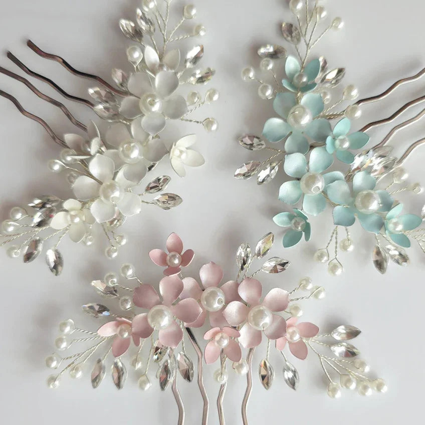 Three Botanical Hanbok Hair Combs by Native Korean in white, light blue, and pink.
