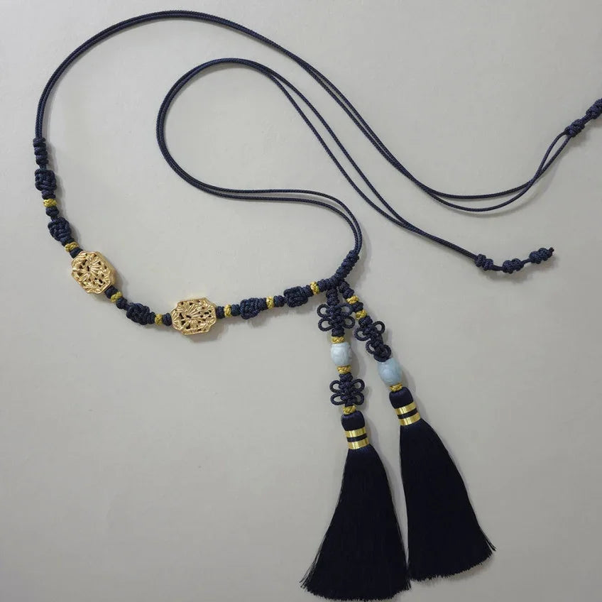 Native Korean Bamboo Tassel Dol Belt with gold accents and navy blue tassels