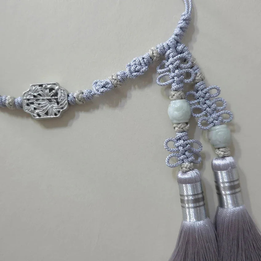 Lavender Bamboo Tassel Dol Belt with silver ornament and jade beads
