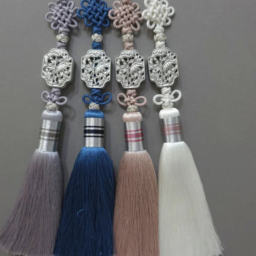 Four Native Korean Silver Bamboo Tassel Norigae in purple, blue, pink, and white.