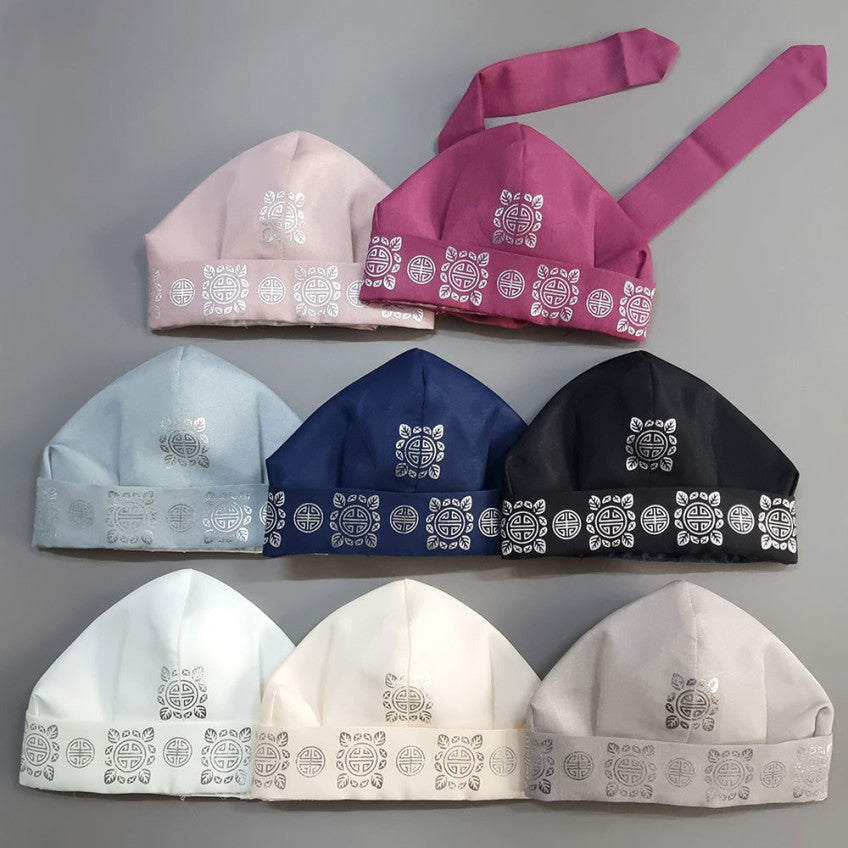 Jungwoo & Joon Gunmo traditional Korean boy hanbok hat available in multiple colors with an adjustable ribbon tie for Dol, Baek-il, and Korean celebrations.