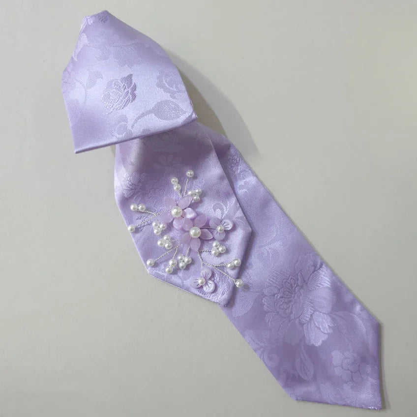 Lavender Native Korean Daenggi hair tie with floral pearl embellishments