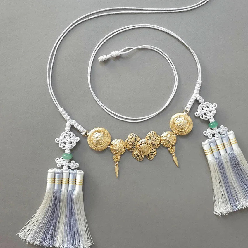 Native Korean gold medal tassel belt with traditional Norigae ornaments