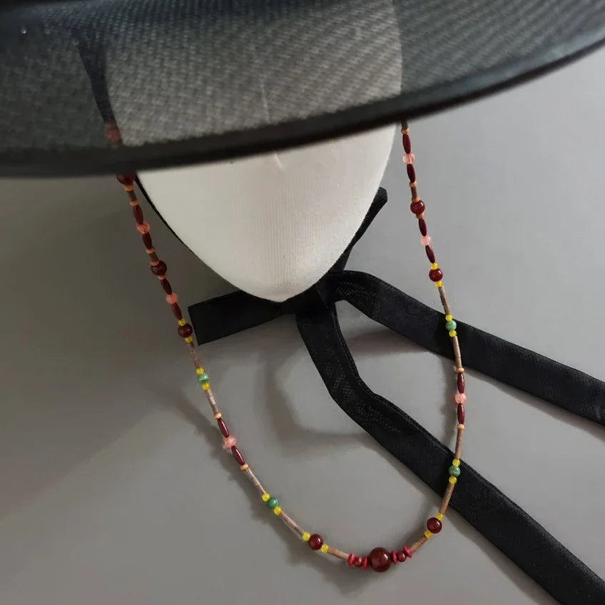 Natural Stone Gat String in brown with multi-colored beads for Korean traditional Gat.