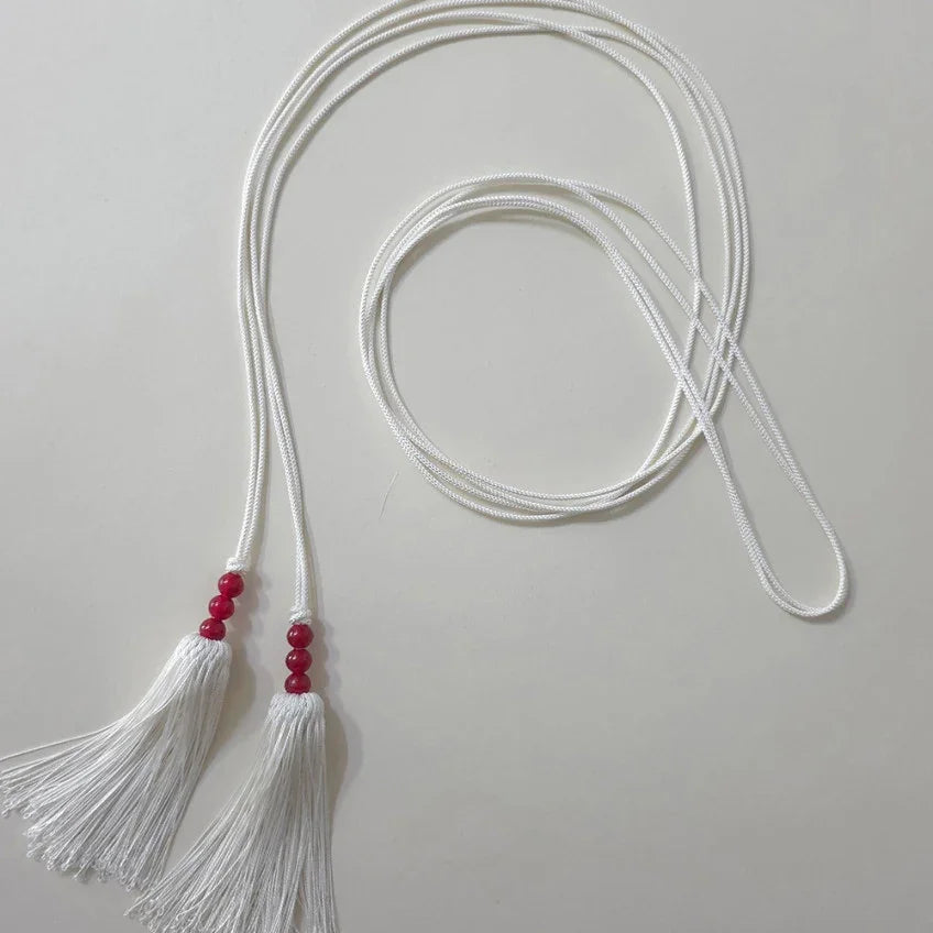 White Native Korean Gunyun Tassel Belt with red beads