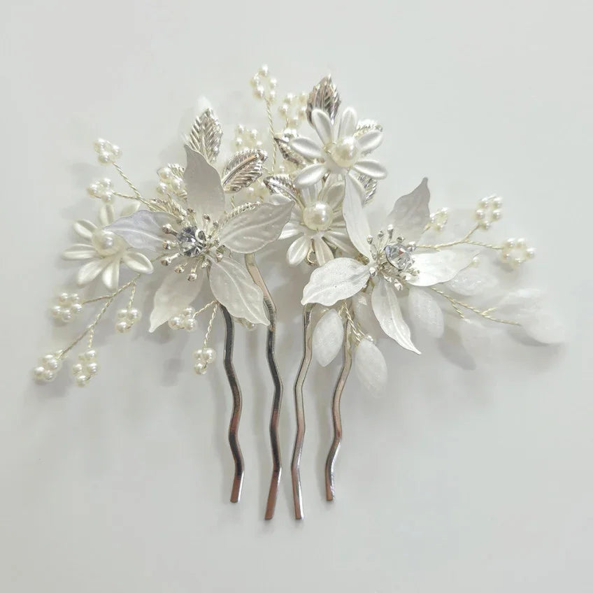 Native Korean Petal Bloom Hanbok hair comb with silver floral accents and pearls