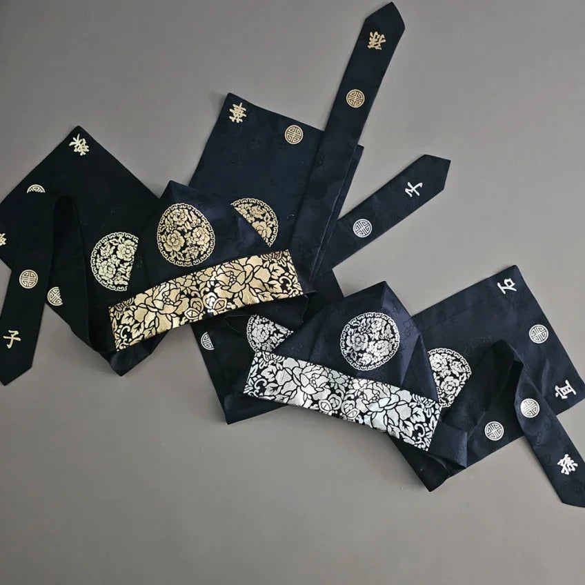 Black and navy Royal Bokgun by Native Korean with gold and silver traditional embroidery