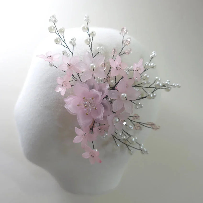Spring Blossom Hanbok hairpin with pink fabric flowers and pearl accents by Native Korean