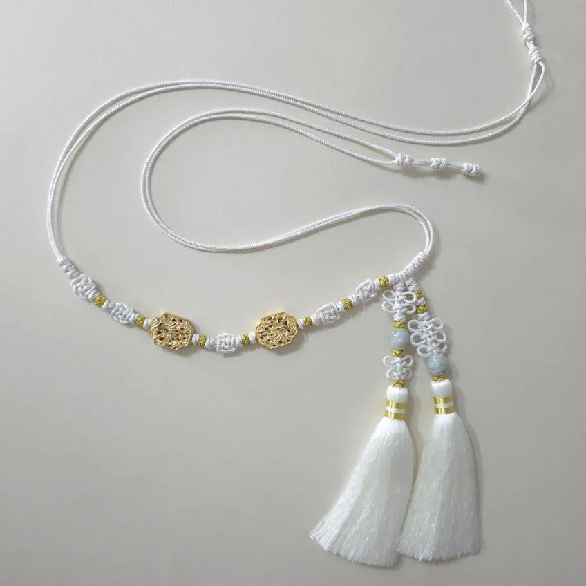 Native Korean white Bamboo Tassel Dol Belt with gold ornaments and traditional knots