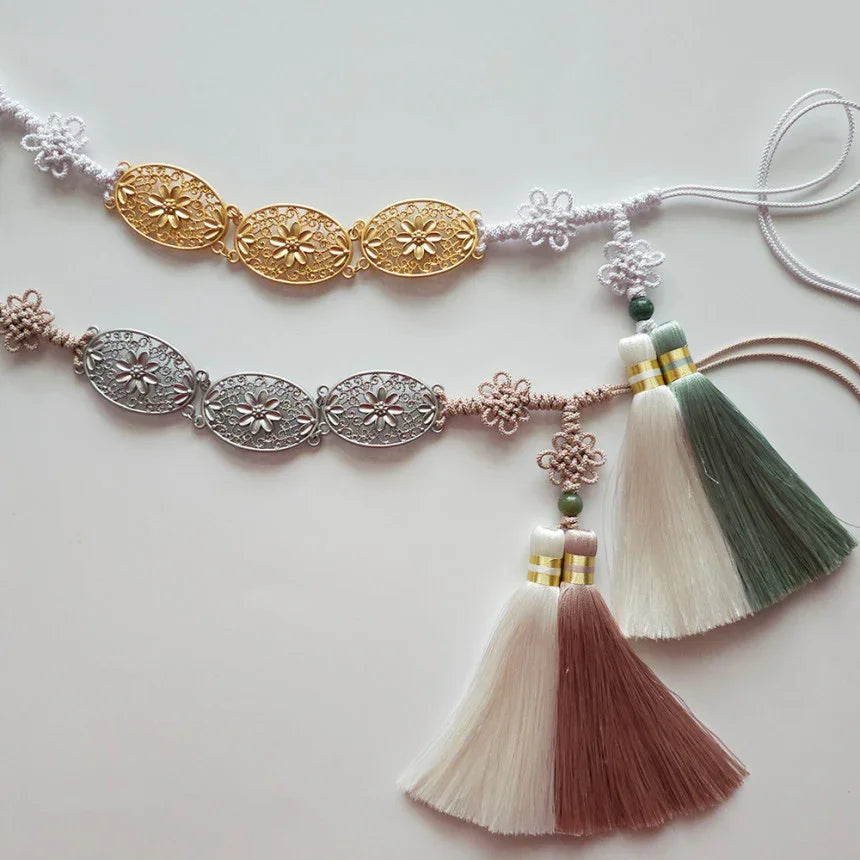 Double Tassel Belt with Floral Metal