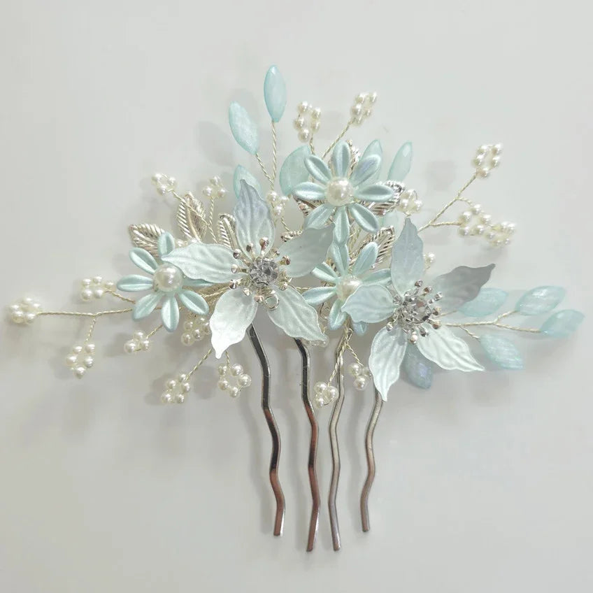 Petal Bloom Hanbok Hair Comb by Native Korean with light blue flowers and pearls