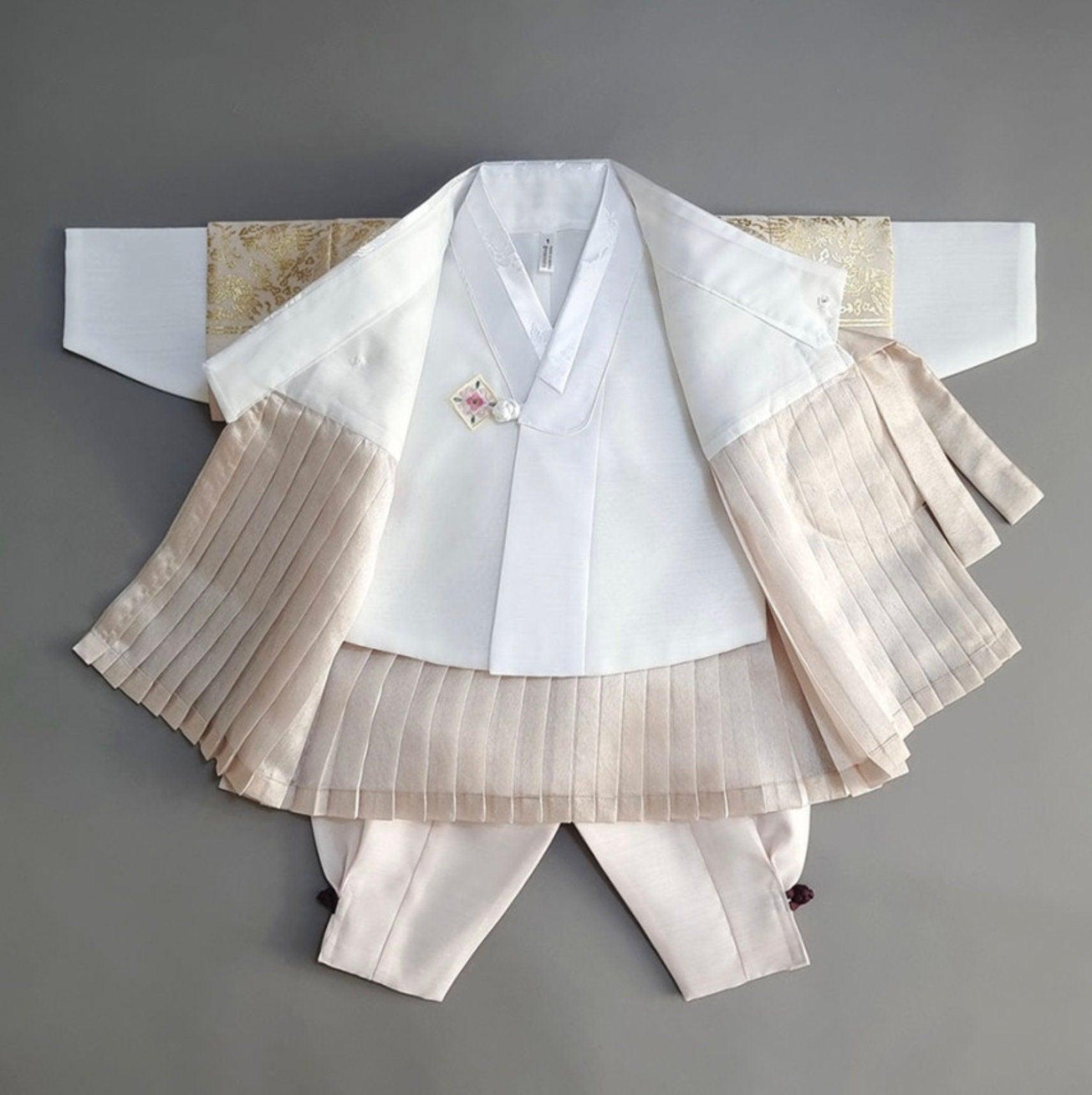 3Pcs Pleated Gold Beige Boy Hanbok (100D-1YR) - Native Korean