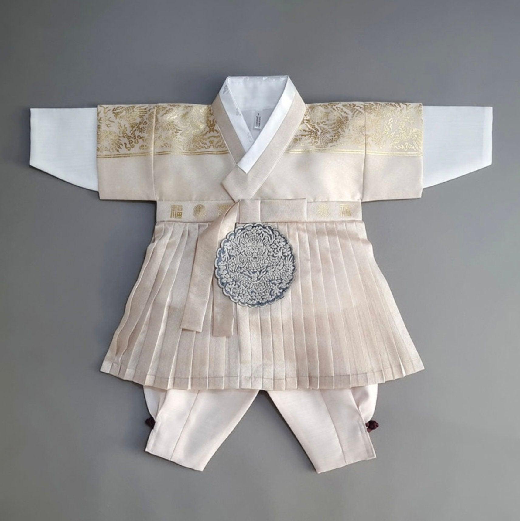 3Pcs Pleated Gold Beige Boy Hanbok (100D-1YR) - Native Korean