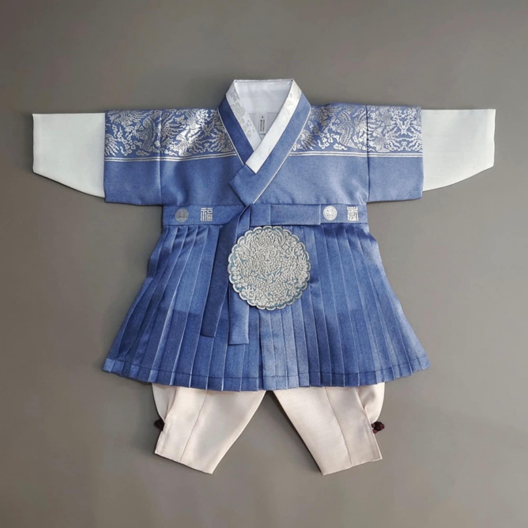 3Pcs Pleated Silver Blue Boy Hanbok (100D-1YR) - Native Korean