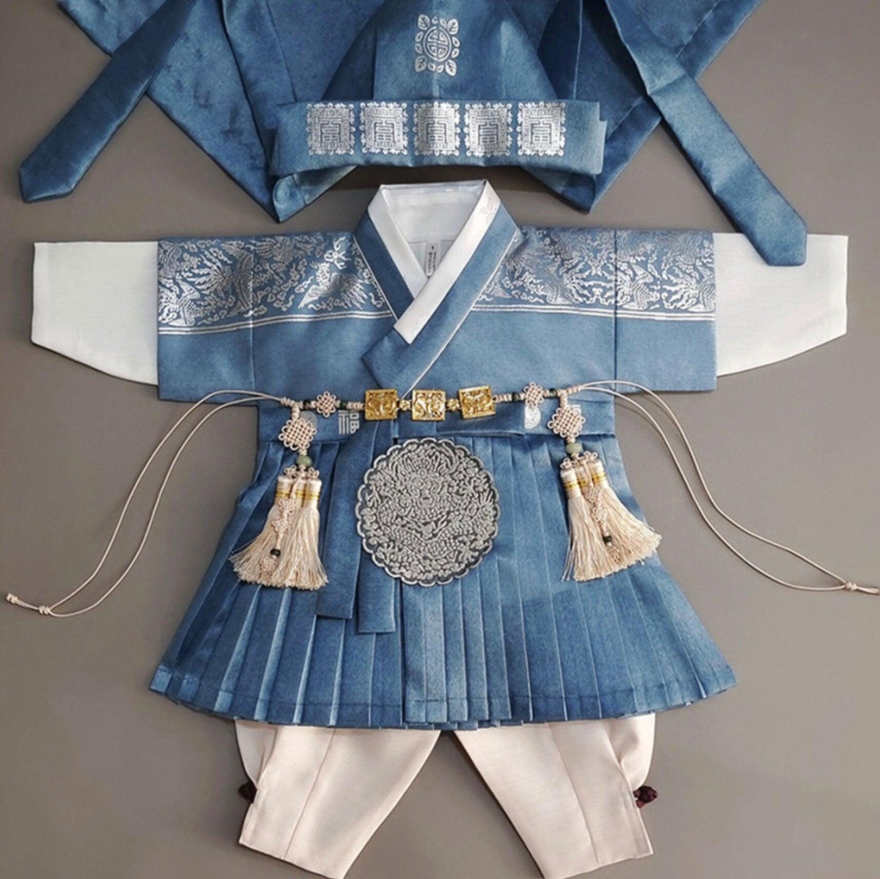 3Pcs Pleated Silver Blue Green Boy Hanbok 100D 1YR