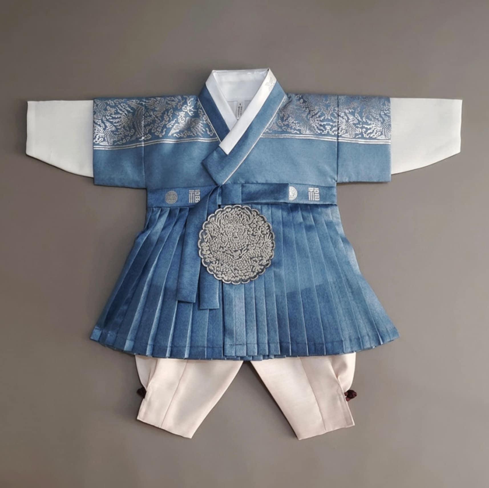 3Pcs Pleated Silver Blue Green Boy Hanbok (100D-1YR) - Native Korean