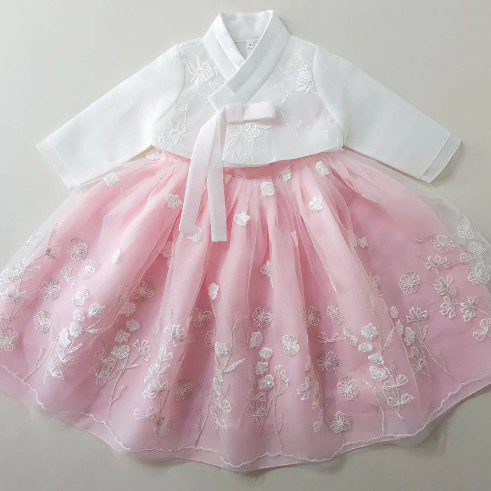 Sam Pink Lace Dress Girl Hanbok (1-12YR) - Native Korean