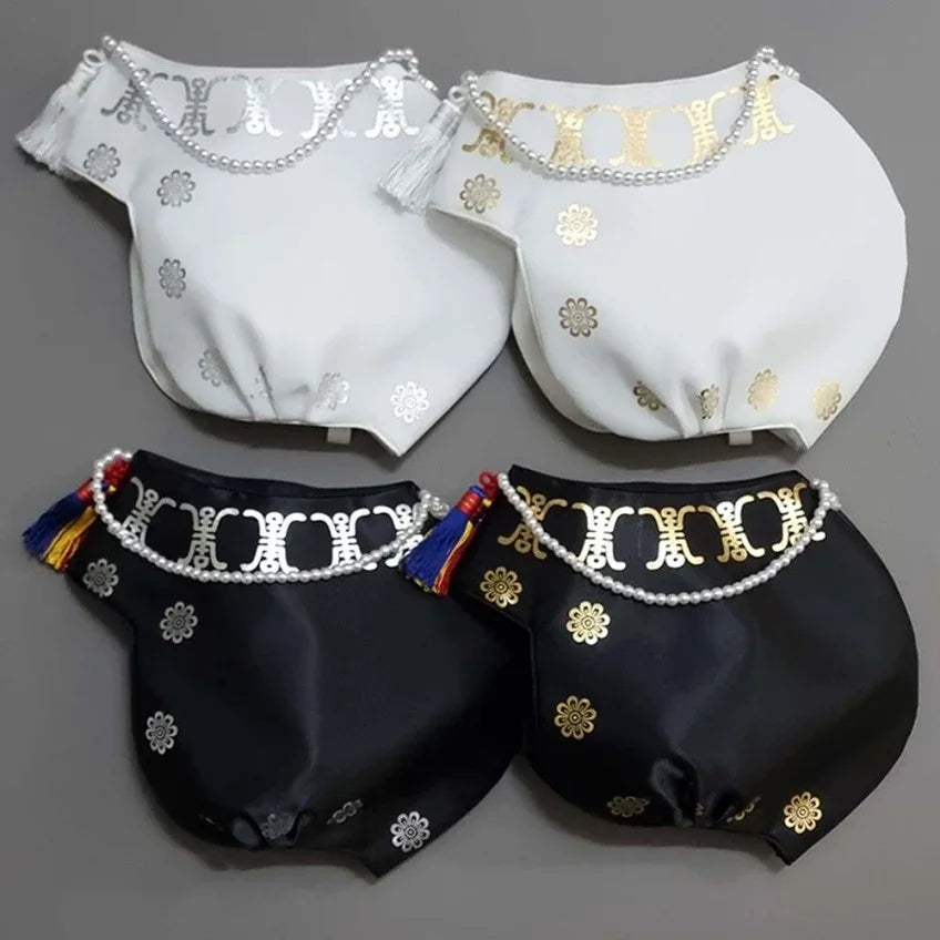 White and black Native Korean Royal Foil Jobawi with pearl accents and gold foil patterns.