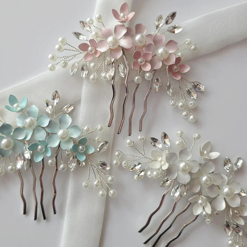 Three botanical Native Korean hanbok hair combs in pink, mint, and white with pearls and crystals.