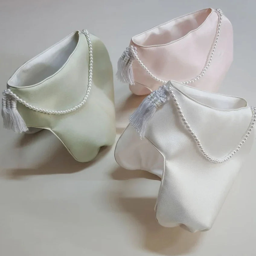 Three Native Korean Mijoo Jobawi traditional hats in mint, pink, and white with pearl accents.
