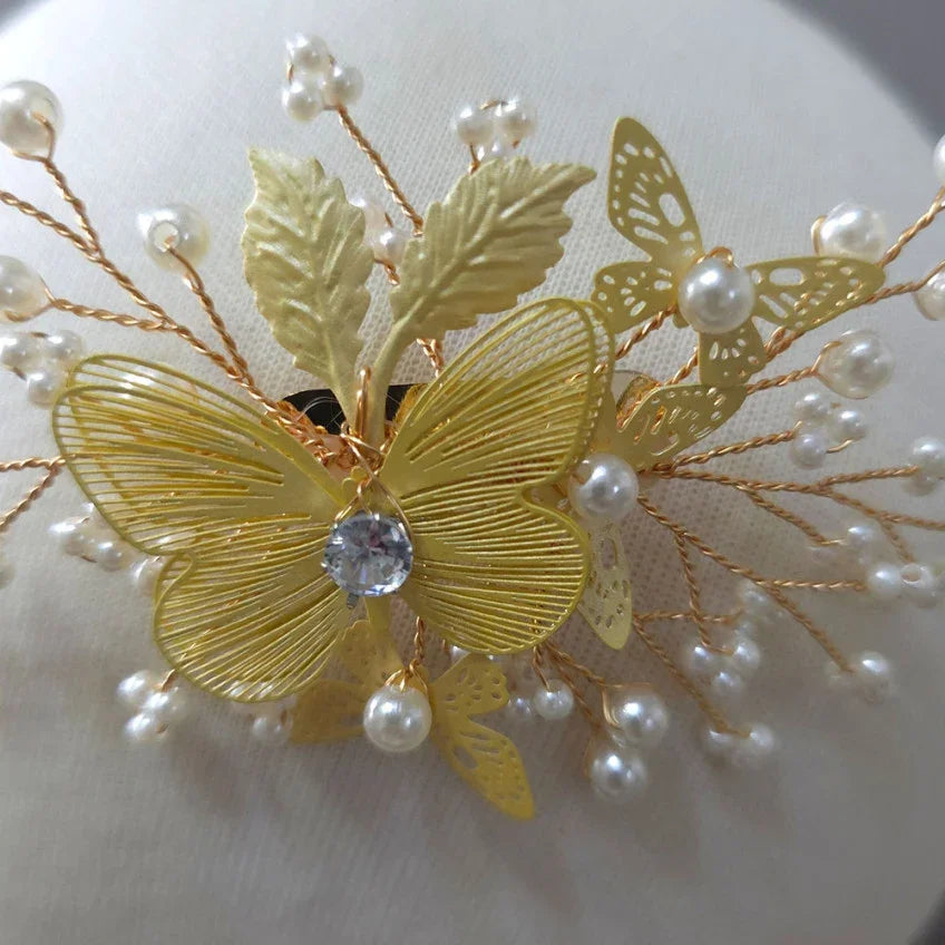 Sana Butterfly Hairpin by Native Korean featuring gold-tone butterflies and pearls