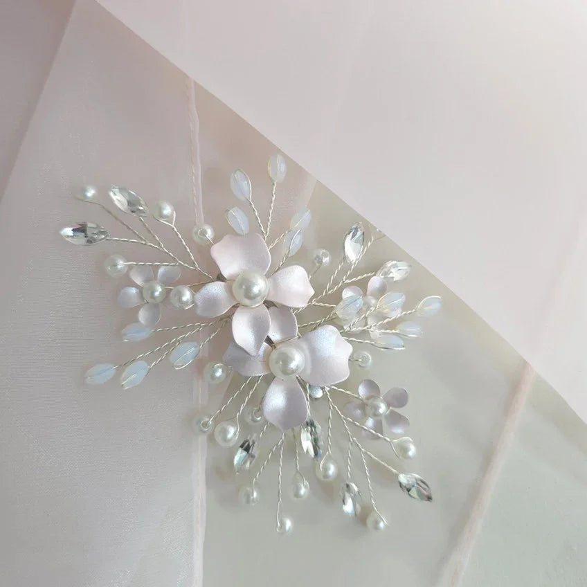 Botanical Hanbok hairpin by Native Korean with white floral petals, pearls, and crystals.