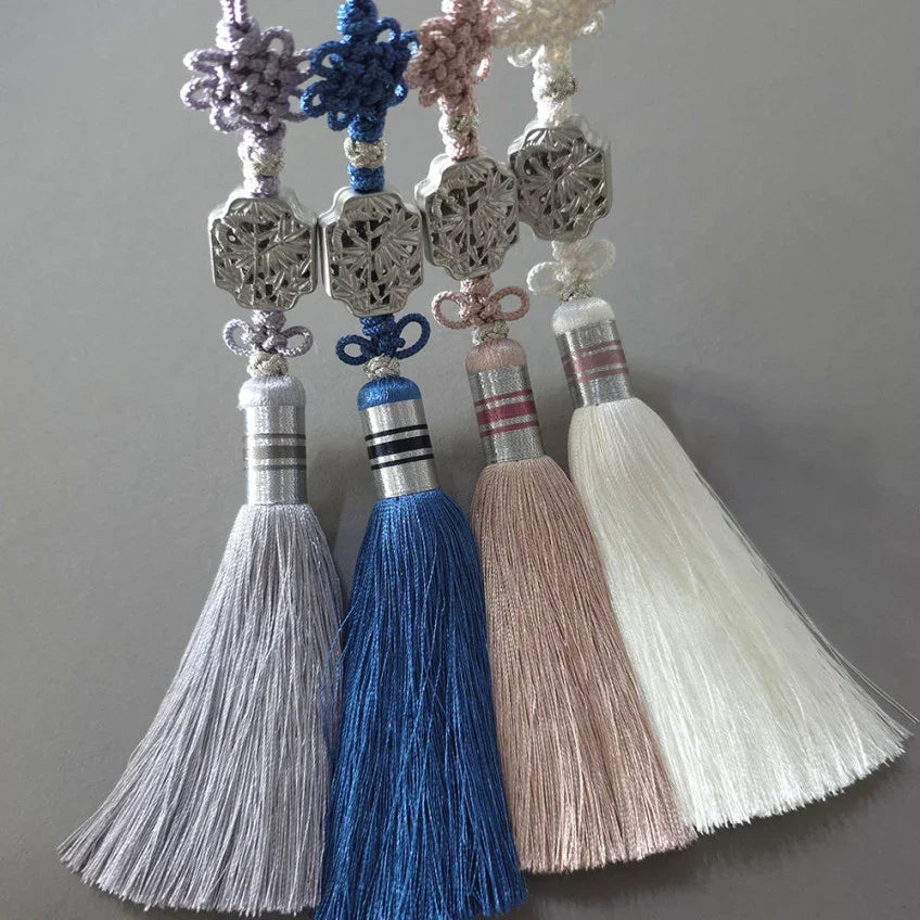 Four Native Korean Silver Bamboo Tassel Norigae in grey, blue, pink, and white.