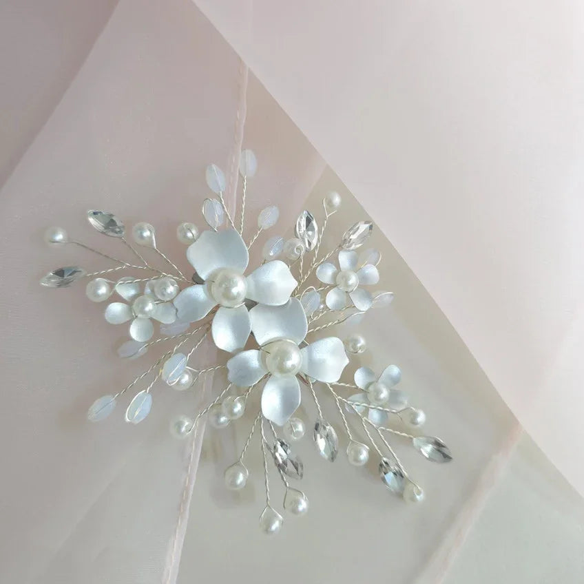 Botanical Native Korean Hanbok hairpin with white floral petals, pearls, and crystals.
