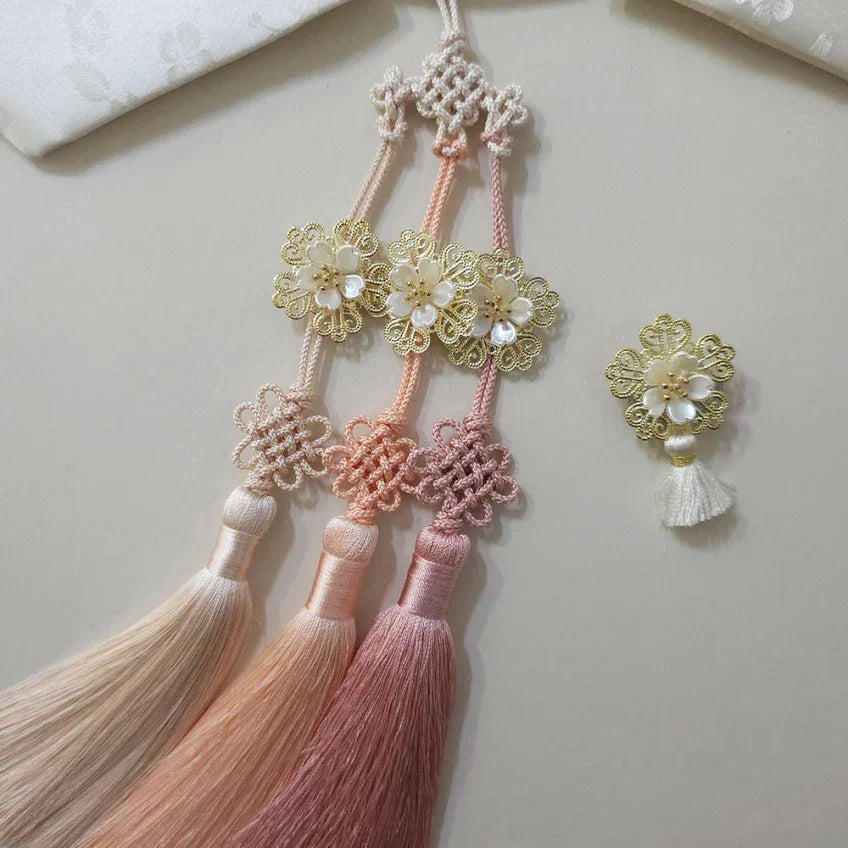 Native Korean Bloom Tassel Norigae in shades of pink and cream with floral accents