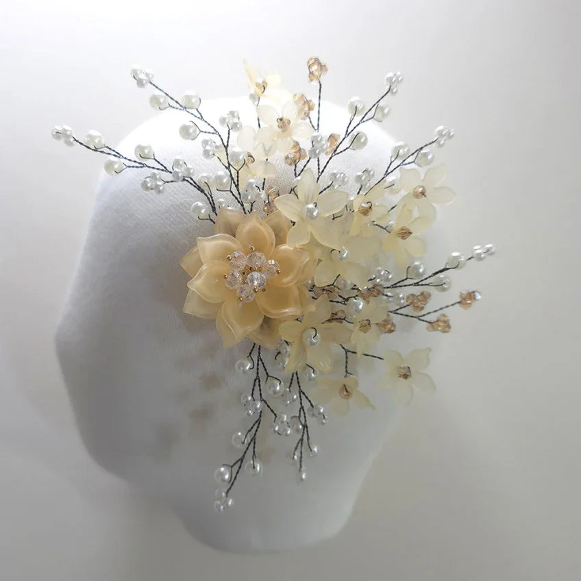 Spring Blossom Hanbok hairpin with cream floral accents and pearls by Native Korean