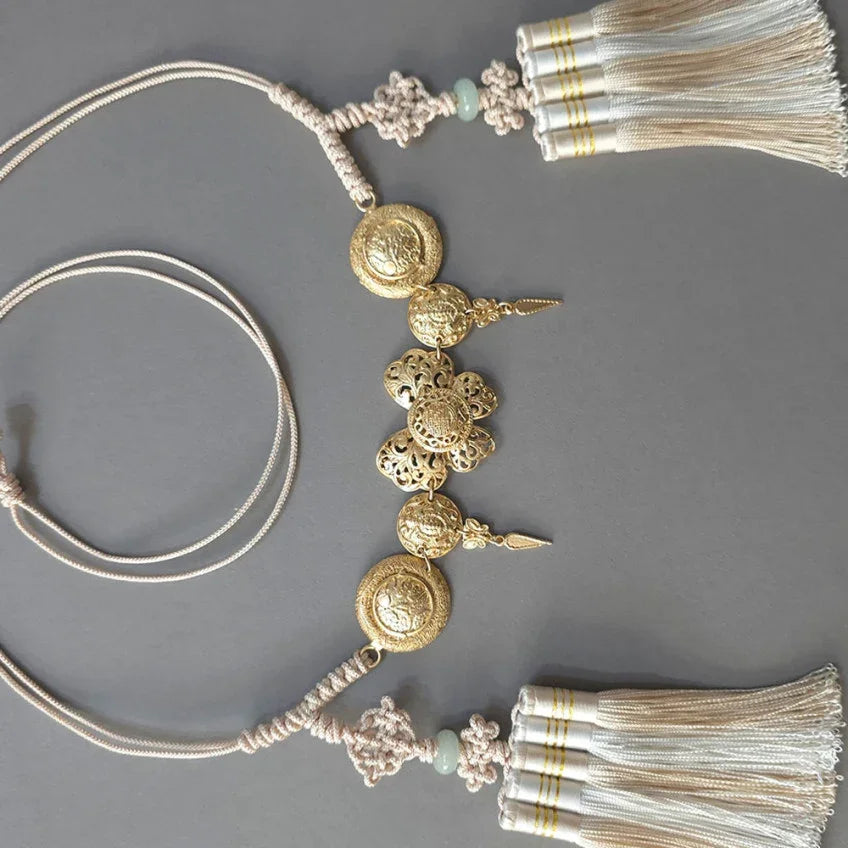 Native Korean Gold Medal Tassel Belt with traditional decorative ornaments and tassels