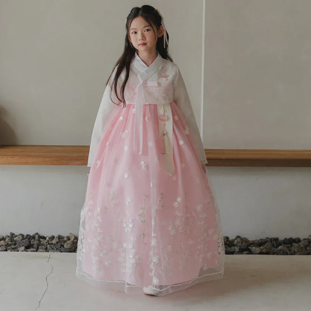 Sam Pink Lace Dress Girl Hanbok (1-12YR) - Native Korean