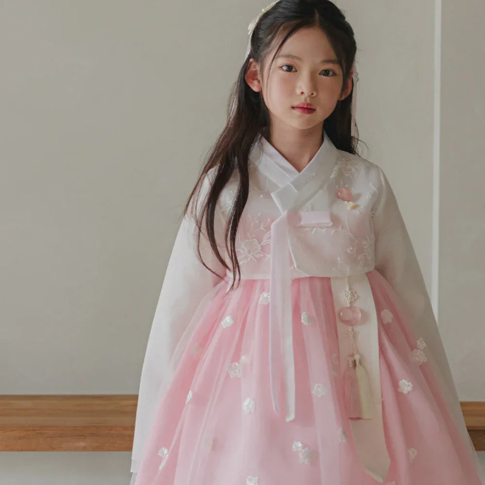 Sam Pink Lace Dress Girl Hanbok (1-12YR) - Native Korean