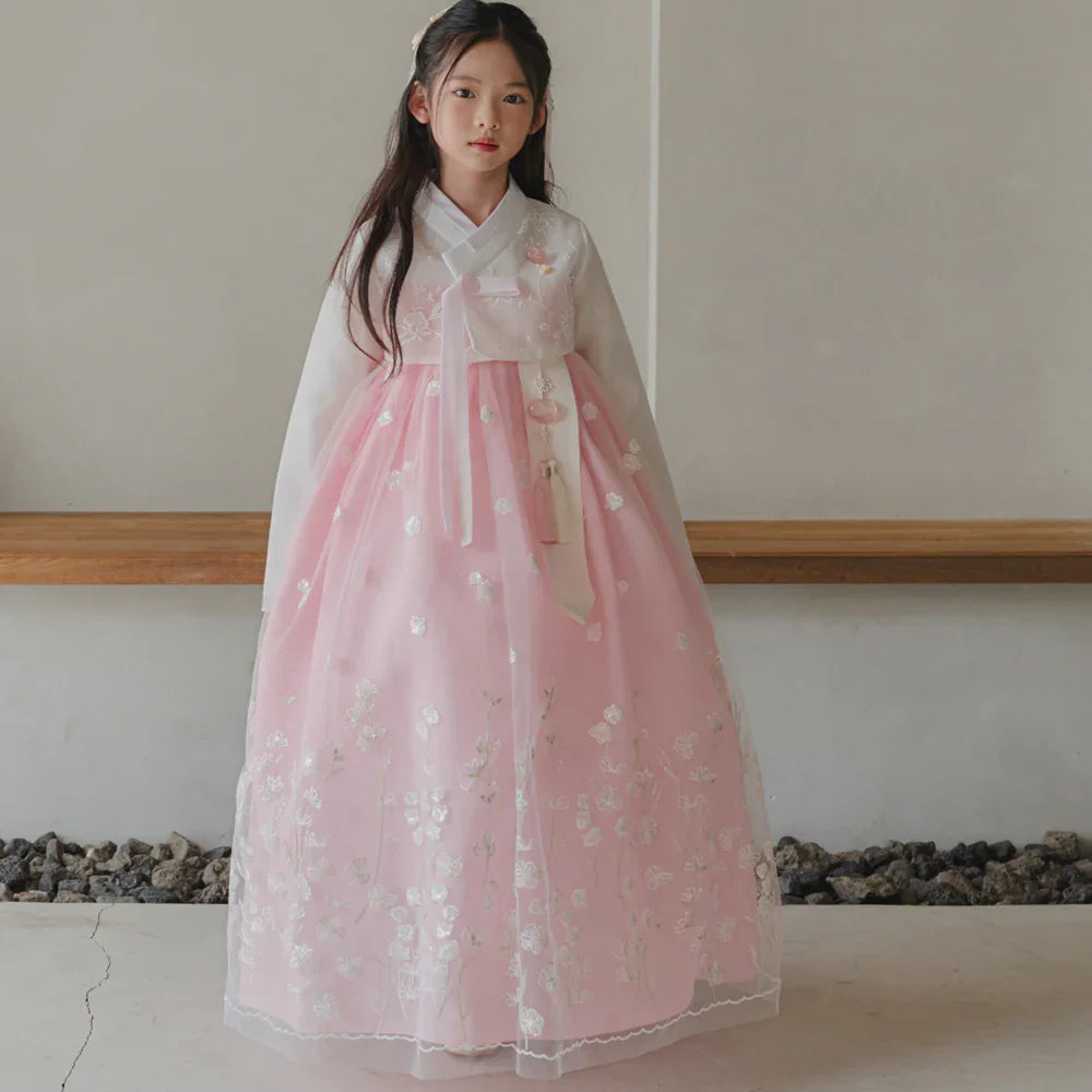 Sam Pink Lace Dress Girl Hanbok (1-12YR) - Native Korean