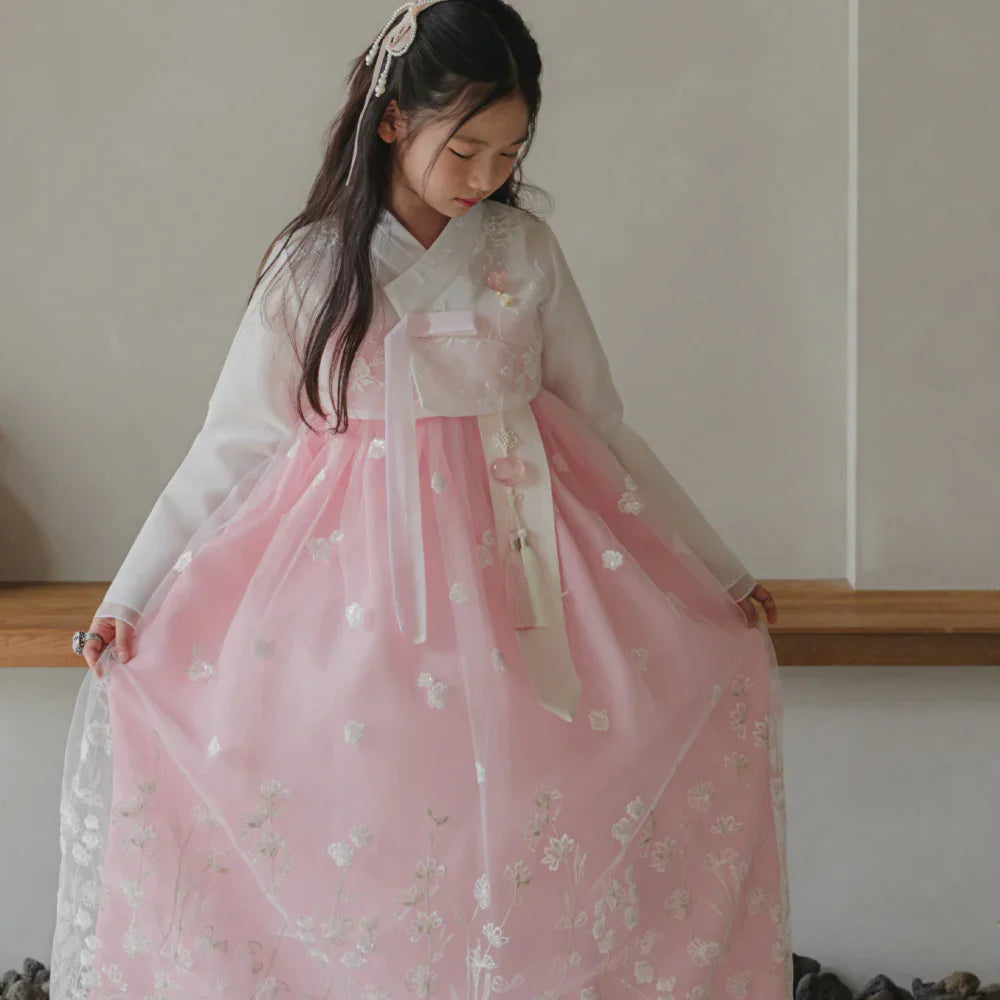 Sam Pink Lace Dress Girl Hanbok (1-12YR) - Native Korean