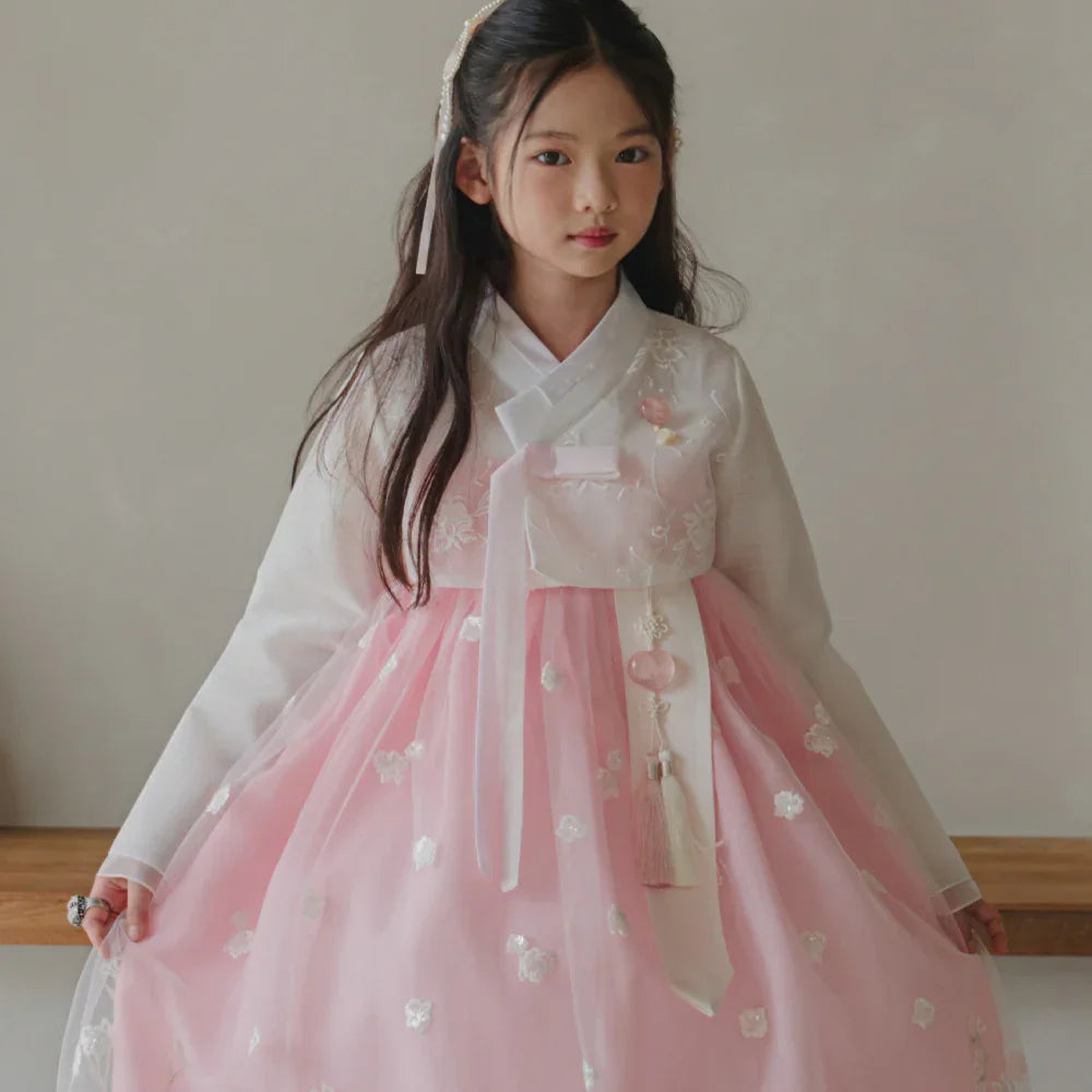 Sam Pink Lace Dress Girl Hanbok (1-12YR) - Native Korean