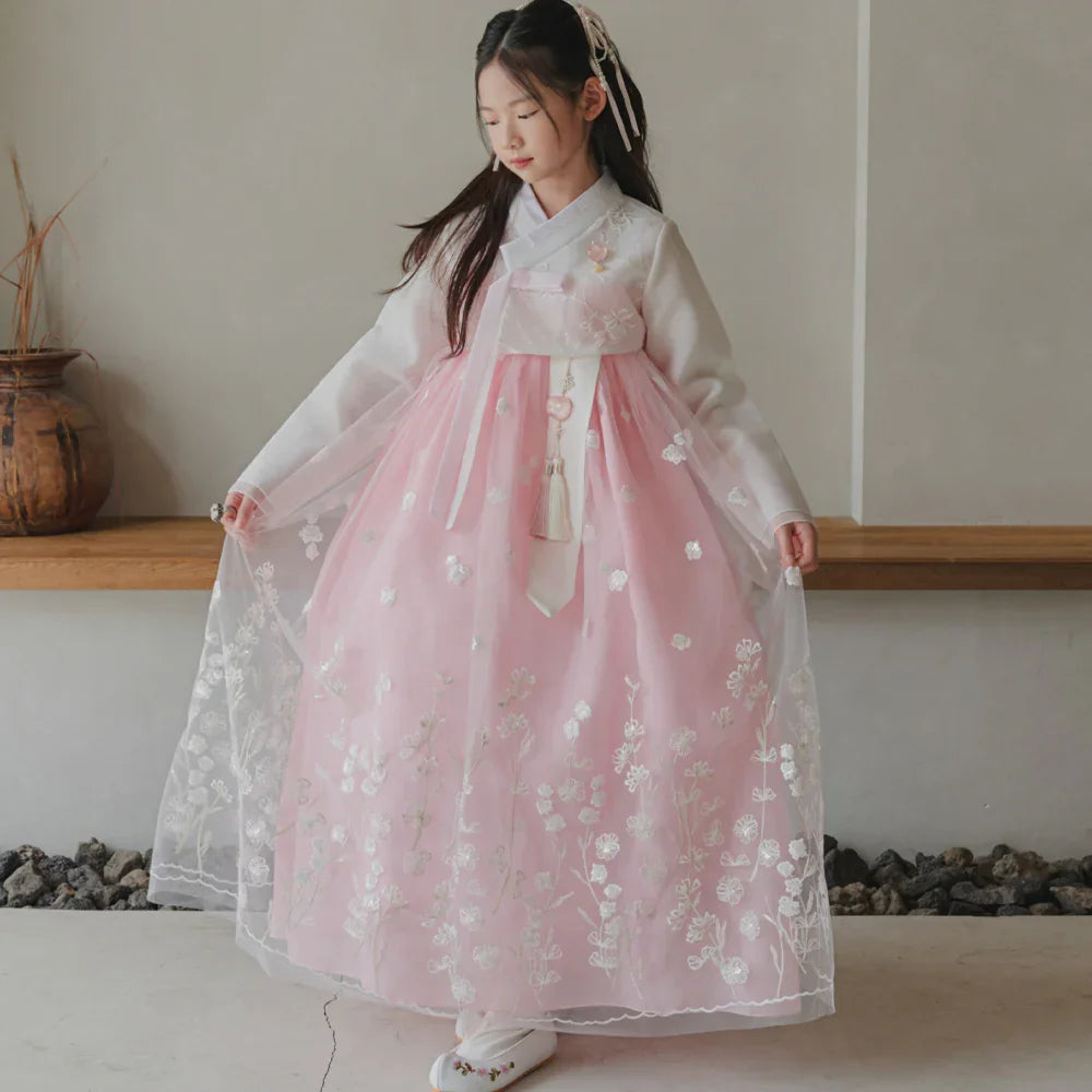 Sam Pink Lace Dress Girl Hanbok (1-12YR) - Native Korean