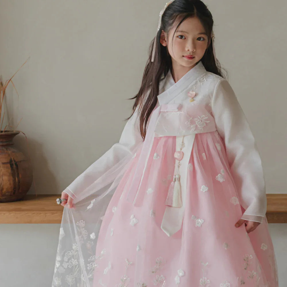 Sam Pink Lace Dress Girl Hanbok (1-12YR) - Native Korean