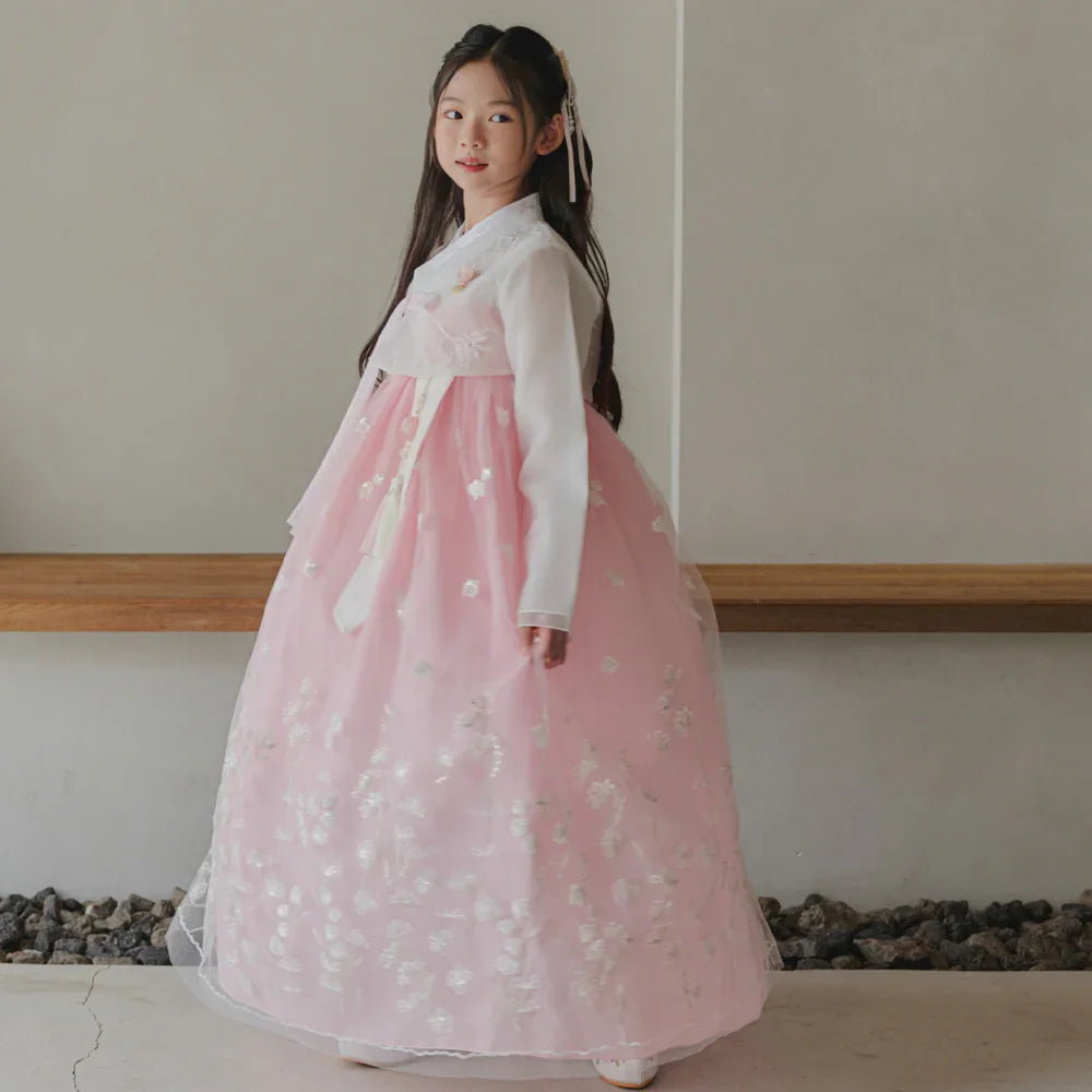 Sam Pink Lace Dress Girl Hanbok (1-12YR) - Native Korean