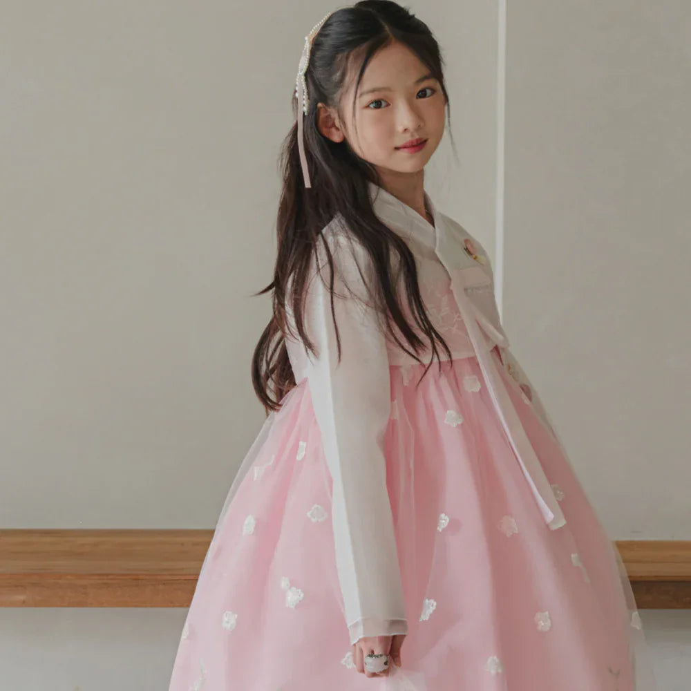 Sam Pink Lace Dress Girl Hanbok (1-12YR) - Native Korean